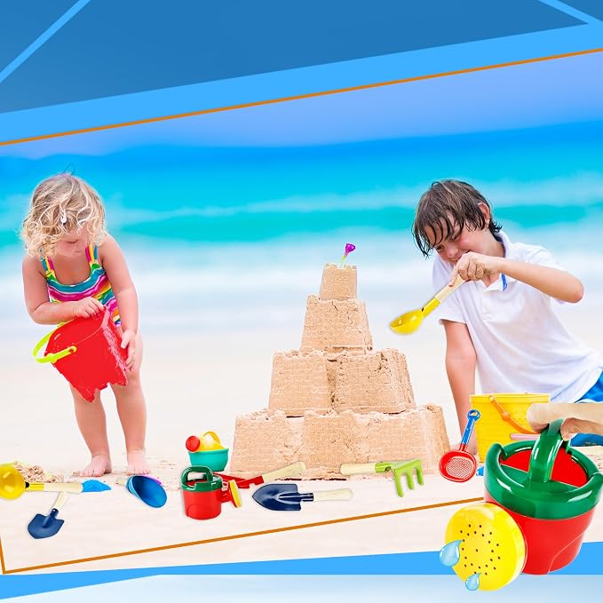 8 Pcs Kids Beach Sand Tools Metal Beach Spoon, Fork, Trowel, Rake, Flat and Pointed Shovel Sand Toys with Sturdy Wooden Handle Watering Can Sand Sifter Sieves for Children Beach Gardening Use