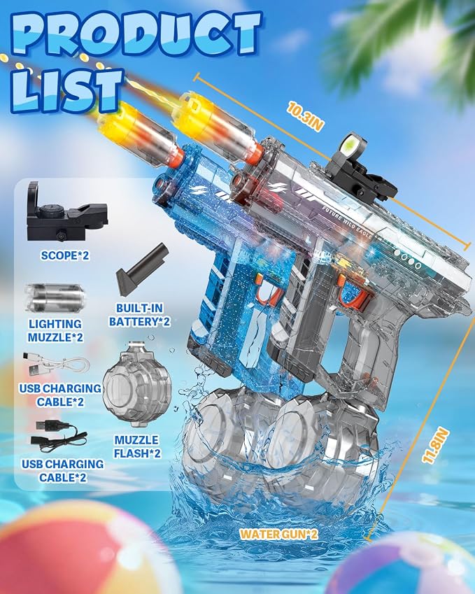 Electric Water Gun for Adults Kids Blue Automatic Squirt Gun: Light Up 26-32FT Long Range, 800CC Large Capacity Watergun,Summer Outdoor Pool Games for Ages 8-12, Beach Backyard Family Party Toy Gift