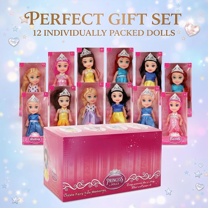 Liberty Imports 12 Pack Little Royal Princess Dolls - Mini Pocket Size Toddler Toys Fantasy Pretend Play Set with Dress, Accessories for Kids, Girls Dollhouse, Party Favors (4.5-inches)