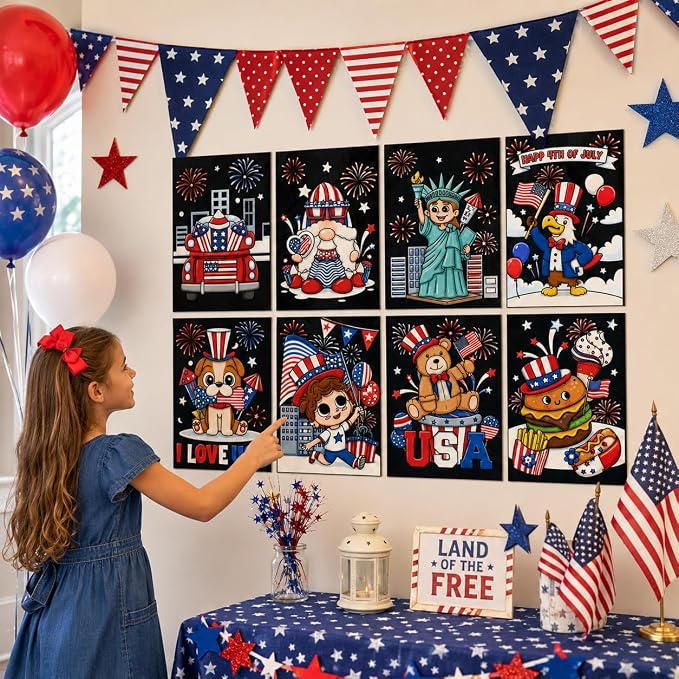 Cinrobiye 48 Pcs 4th of July Crafts, Patriotic Velvet Coloring Posters Bulk, Red White and Blue Craft Kit, Independence Day Coloring Activities for Kids, Seniors, Classroom, Party and Group Events