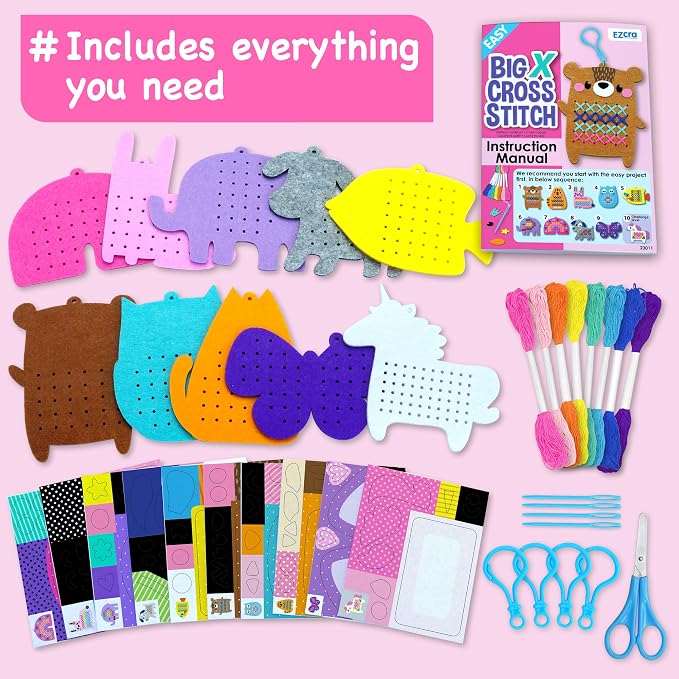 EZCRA Beginner Needlepoint Cross Stitch Kit for Kids Ages 5-8 - Easy Embroidery Starter Set with Jumbo Plastic Needles, Pre-Printed Patterns, Instructions - DIY Arts & Crafts for Girls & Boys