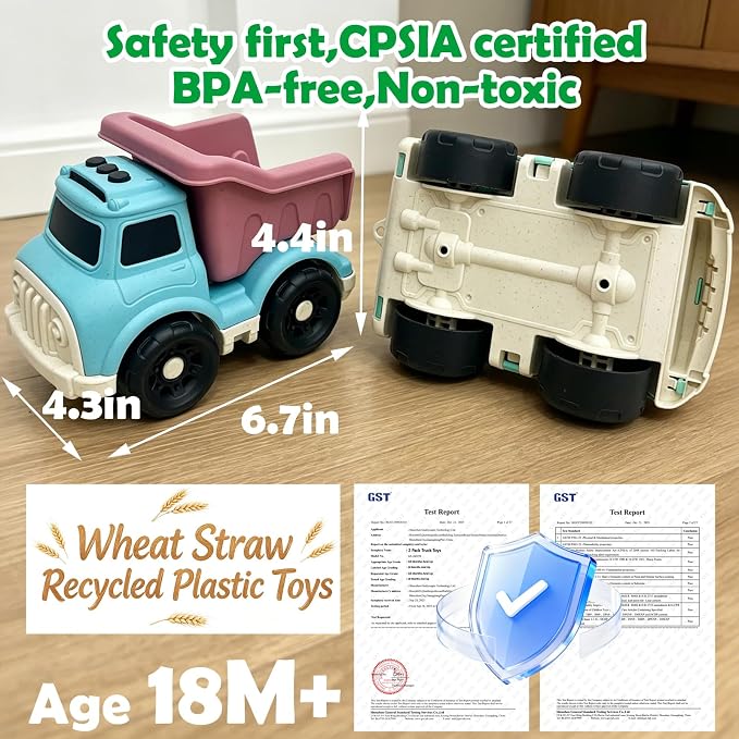 6.7" Push Cars Dump Truck & Cement Mixer Toy Cars for 1-3 Year Old, BPA/Phthalates/PVC Free, Recycled Plastic Dishwasher Safe, Toy Trucks for Toddlers 2-4, Birthday Gift for Boy Girl