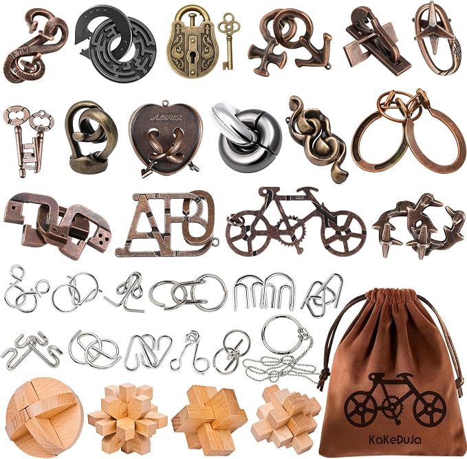 32 Pcs Brain Teaser Puzzles Set for Adults Kids – Vintage Wooden & Metal 3D IQ Game, Challenging Disentanglement Logic Puzzles, Family Party Favor Portable Travel Pouch Set