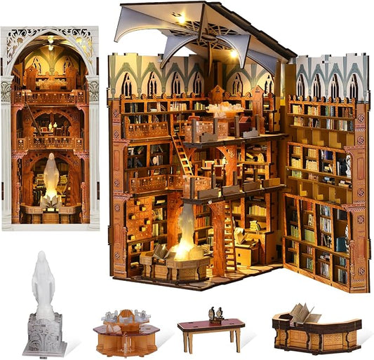 CCCDF Book Nook Kit, DIY Miniature House Kit 3D Wooden Puzzle for Adults Booknook Kit with Dust Cover Book Decor Bookshelf Decoration Decorative Bookends Women Craft Gifts for Teens (Public Library)