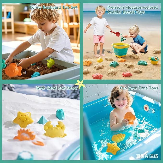 Sawaruita Beach Toys for Kids - Sand Toys Set Includes Collapsible Sand Bucket Shovel and Sand Rake Toy for Beach 12 PCS, Sandbox Toys Sandcastle Building Kit (A)