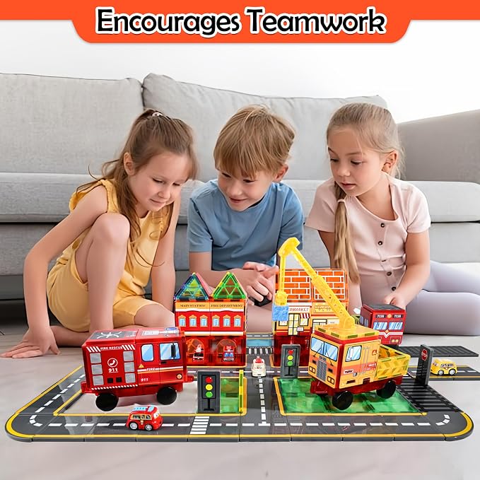 Drofex Magnetic Tiles Road Set with Fire Truck Magnetic Crane, Creative Construction Toys for Kids Ages 3-12, Boys & Girls, Fire Rescue Station and Engineering Themed Magnetic Building Blocks