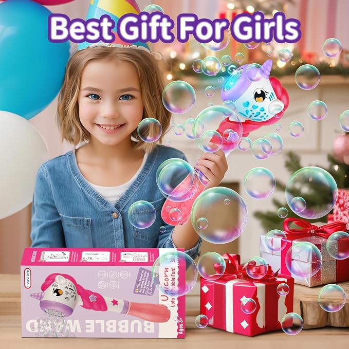 Bubble Machine Wand for Toddler Girls Toy, Automatic Bubble Machine Maker Blower Toys with Light, Outdoor Mower Party Toys for 3 4 5 Year Old Girl Easter Birthday Gifts Include Bubble Solution