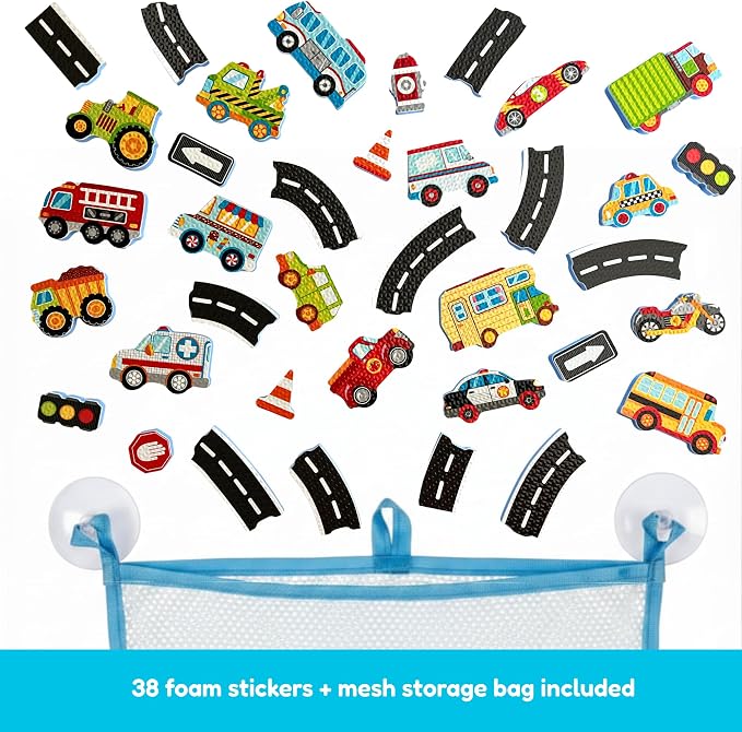 Alex Toys Foam Bath Stickers for Toddlers, 38-Piece Vehicle Tub Stickers Stick to Tub Wall - Foam Bath Toys for Kids Ages 1-3 Toddler Bath Toys for Boys Cars Trucks Bus, Mesh Storage Bag