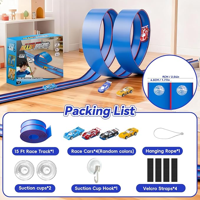 Upgrade Flexible Race Track for Kids, 15 Ft Flex Race Car Ramp Track with 4 Cars & Suction Cups - Compatible with Diecast 1/64th Cars, Car Tracks Toys for Kids Boys Girls Ages 3 4 5 6+ (Blue)