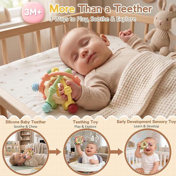 Baby Rattle Ball Sensory Toys - Silicone Baby Teether Teething Toys Over 3 Months - BPA Free Newborn Infant Toddler Toys Baby Shower Gifts