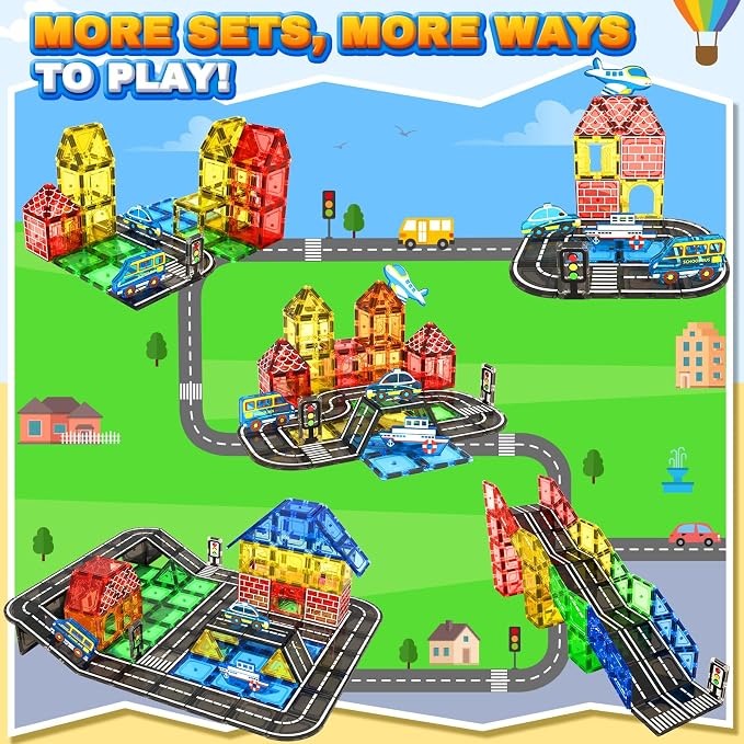 Magnetic Tiles Road Set, STEM Magnetic Building Blocks for Toddlers Kids Ages 3-5 4-8, Birthday for 3+ Year Old Boys Girls