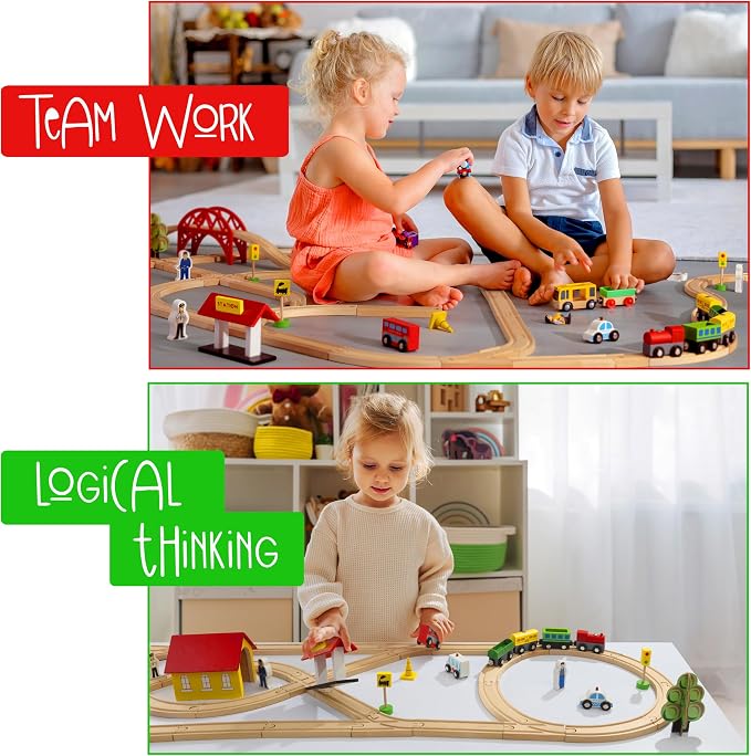 KipiPol Wooden Train Tracks Set - 52 pcs+Bonus Railroad Map –Compatible W All Major Wooden Railway Toy Brands Including: Thomas The Train Track Set, Brio Train, Melissa and Doug Train Set for Kids 3+