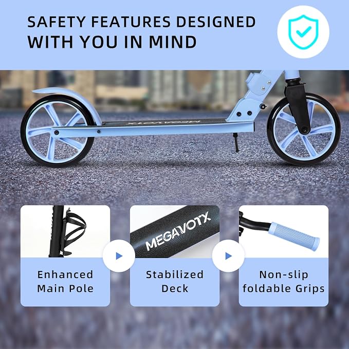 Foldable Kick Scooter for Kids Ages 6-12, Teens & Adults. Non-Electric Scooter with Big Wheels, Adjustable Height, Rear Foot Brake. Lightweight Design for Daily Commute & Outdoor Riding