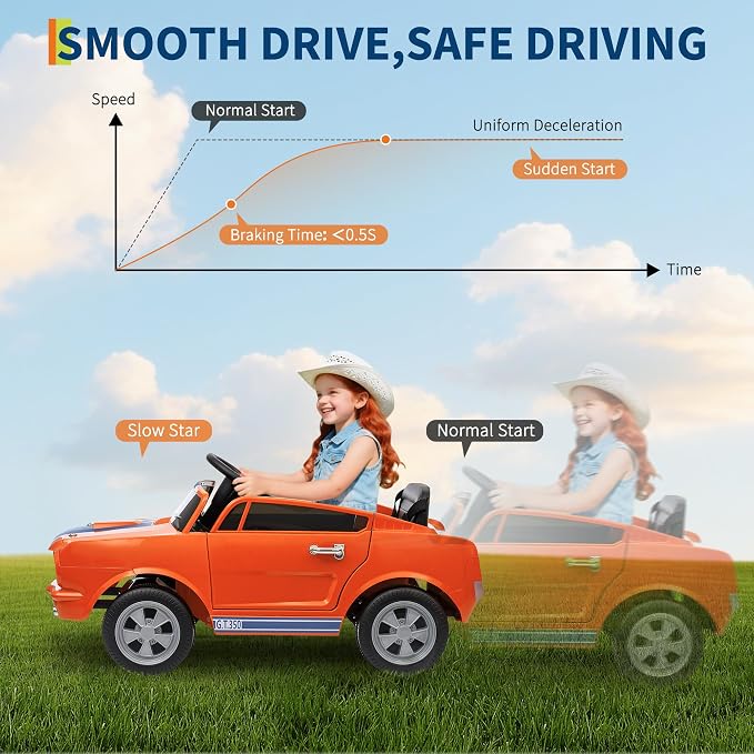 Garvee 24V 2 Seater Ride on Licensed Shelby GT350, Battery Powered Ride on Toys for Kids with Remote Control, Ford Shelby Kids Electric Vehicle 2 Seat, Safety Belt, 2 Speeds, LED Lights, Orange