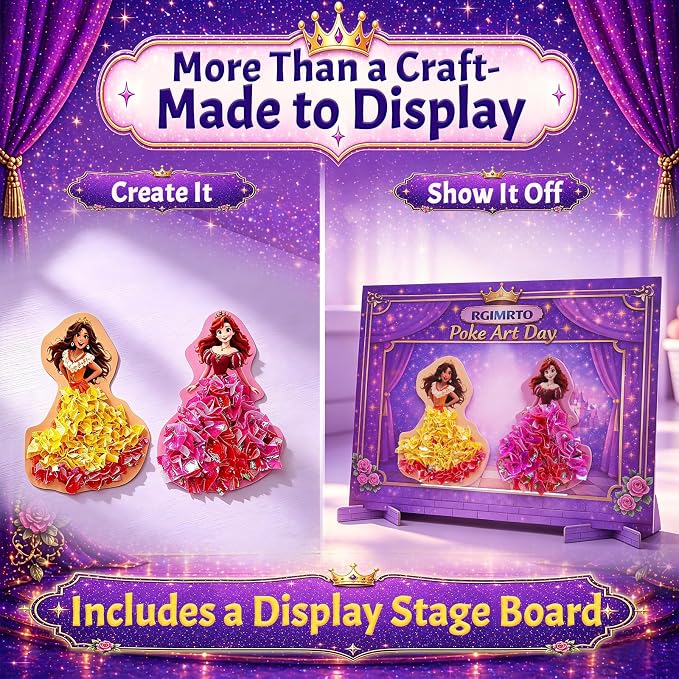 RGIMRTO Poke Art Craft Kit for Kids, 2-in-1 7 Princess +10 Flowers Craft Set with Display Board, Mess Free Craft Activity Birthday Gift for Girls Ages 4, 5, 6, 7, 8, 9,