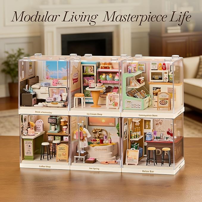 Miniature Cozy Bedroom DIY Kit with Acrylic Display Case – Homestay Dollhouse Room Craft Set, Tool-Free Mini House for Teens, Adults & Beginners