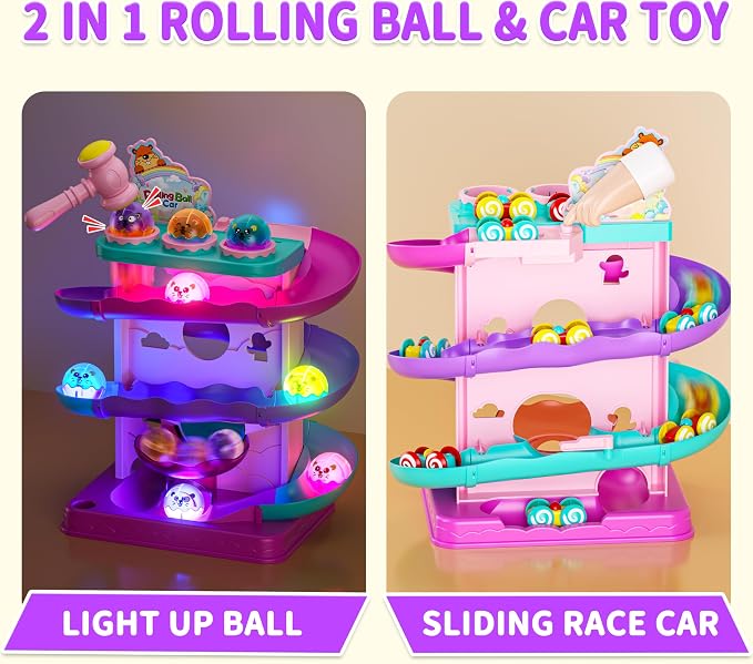Funwee 2-in-1 Light Up Rolling Ball & Racing Car Ramp Toddler Toy, Race Track Hammer Ball Drop Toys, Interactive Montessori Learning Game for Kids 1-5+ Year Old Girl Boy Gift(Pink)