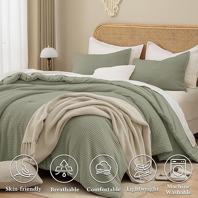 David's Home Waffle Weave Comforter Set 3PCS King Size, Soft Breathable Lightweight Cozy Skin-Friendly Warm for All Season, Elegant Aesthetic Home Decor Bedding Set with Pillow Shams, Dusty Sage