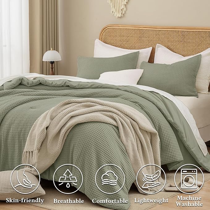 David's Home Waffle Weave Comforter Set 2PCS Twin Size, Soft Breathable Lightweight Cozy Skin-Friendly Warm for All Season, Elegant Aesthetic Home Decor Bedding Set with Pillow Shams, Dusty Sage