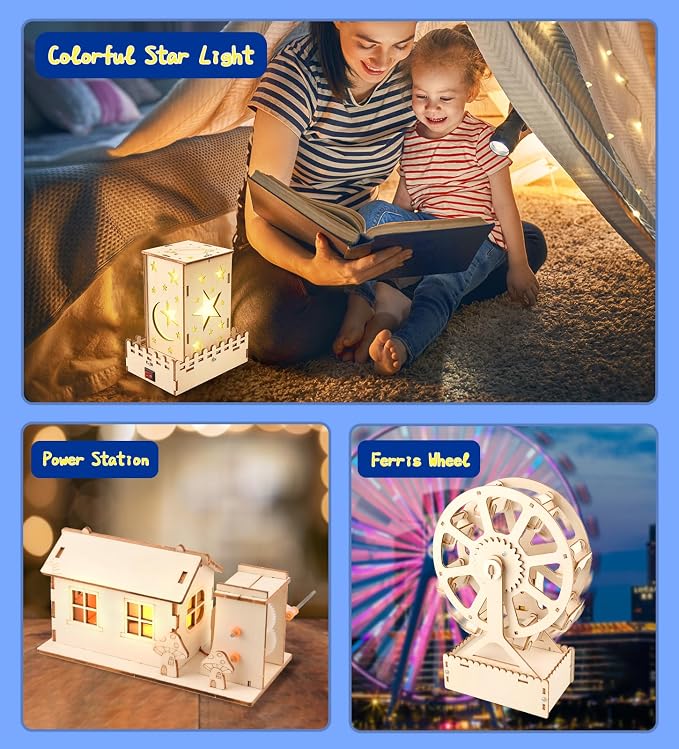 6-in-1 STEM Science Kits for Kids, Wood Arts and Craft Kits, STEM Toys for Boys Girls Age 8-12 5-7 8 10 12 13 14 Gift Idea, 3D Puzzles Building Engineering Model Set