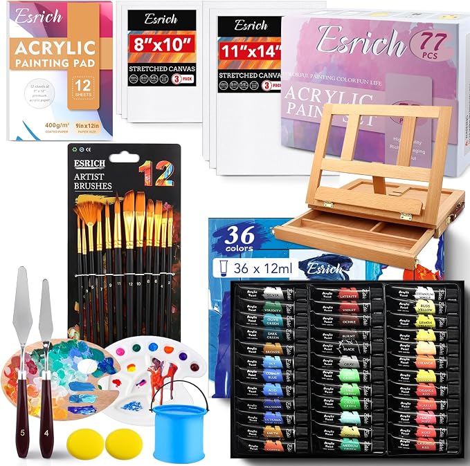 ESRICH Acrylic Paint Set, 74 PCS Professional Paint Supplies with Paint Brushes, Wooden Tabletop Easel, Canvases, Painting Pads, Palette, Paint Knives, Brush Cup and Art Sponge for Hobbyists Beginners