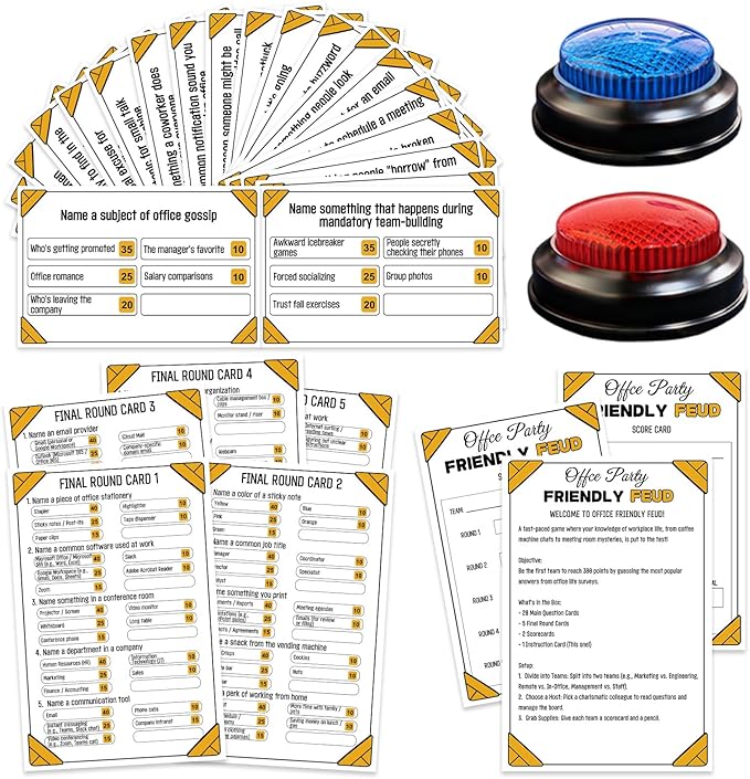 Office Party Friendly Feud Game with 2 Answer Buzzers, Team Building Trivia Quiz Cards for Family Game Night, Work Staff Coworkers Company Groups Holiday Gathering