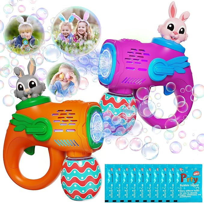 IFLOVE Bubble Guns for Kids 2 Pack, Bunny Bubble Machine Ages 3-8 Outdoor | Bunny & Easter egg design, 12 outlets blow 5,000+ bubbles; 10 solution packs; summer outdoor toy; needs 4 AA batteries