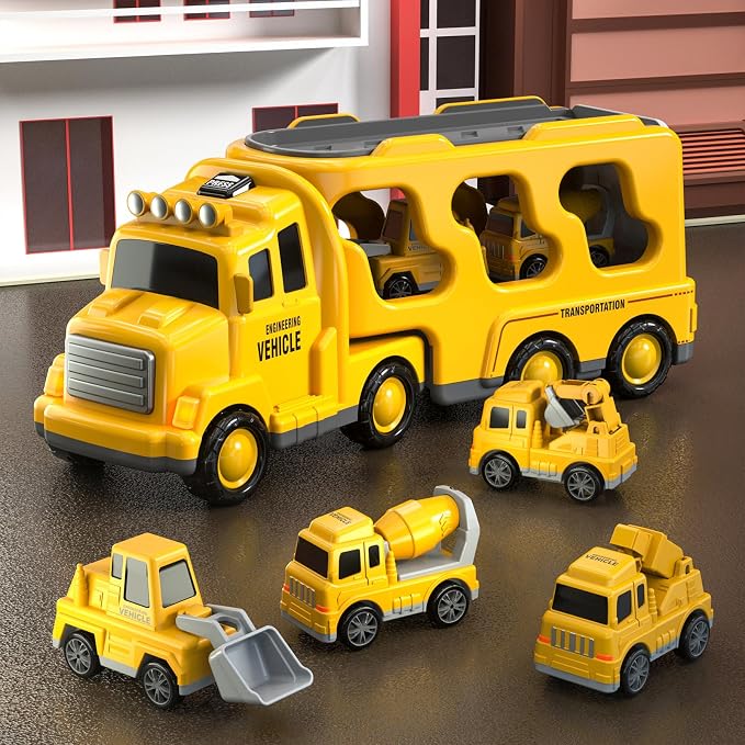 Beby Buty 5 in 1 Construction Trucks Cars Toys for Toddlers 3-5, Boy Toddler Car Truck Toys with Light Sound, Includes Crane, Mixer, Bulldozer & Excavator, Birthday Gifts Toys for 2 3 4 5 Year Boys