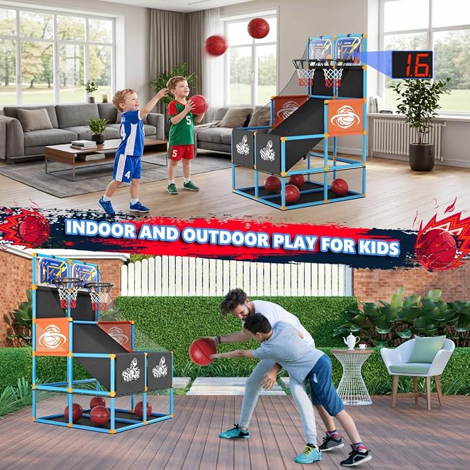 Dual Shot Arcade Basketball Game Set Boy Toys:Kids Basketball Hoop with 6 Balls Electronic Scoreboard LED Light Indoor Outdoor Sports Toy Activities for Boys Girls Birthday Gifts Aged 3-5 6-8 8-12