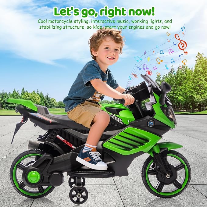 GarveeLife 6V Kids Motorcycle, Electric Ride On Car Toy with Training Wheels, Working Headlight, Horn & Music, Battery Powered Ride On Motorcycle Toy for Toddler Kids Boys Girls Ages 3-5, Green