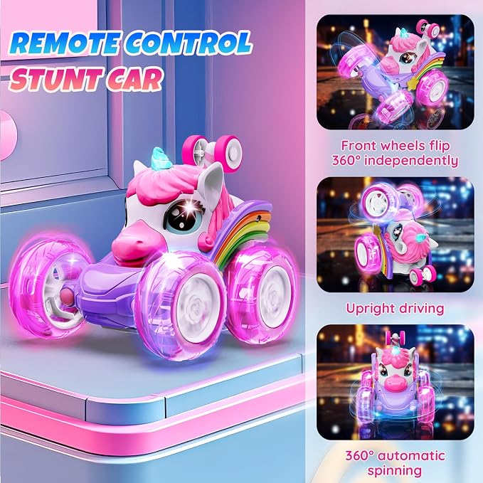 Unicorn Remote Control Car Toys for Girl - 360° Rotating Pink RC Stunt Cars 4WD Remote Cars for Kids, 2.4GHz Toy Car with LED Lights, Birthday Gift for 3 4 5 6 7 8 9 Year Old Girl