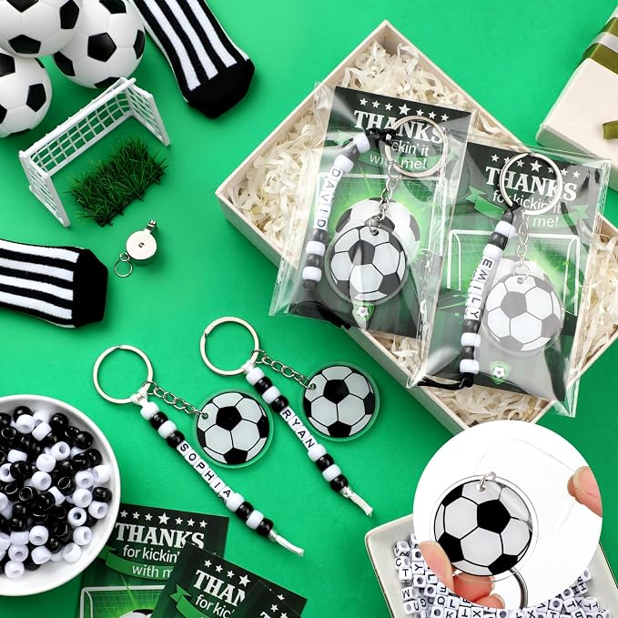Suncalla 984 Pcs 24 Set Soccer Bead Keychain Making Kit DIY Soccer Bag Tag Sport Key Chain Crafts Adjustable Letter Beads Cards Strings Kit Team Gift Backpack Accessories Party Favors(White Black)