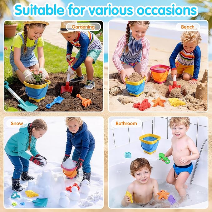Beach Toys for Kids, Sand Toys Set with Collapsible Sand Bucket, 20” Shovel, Marine Life & Vehicles Molds Sand Castle Toys and Storage Bags, Travel Beach Toys for Toddler 4-8
