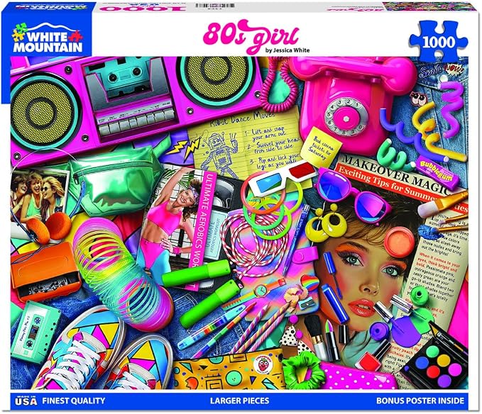 White Mountain 1000 Piece 80's Jigsaw Puzzle Unique Iconic Collage Puzzle with Large Pieces Gift for Adults and Family 24"x30" - 80's Girl