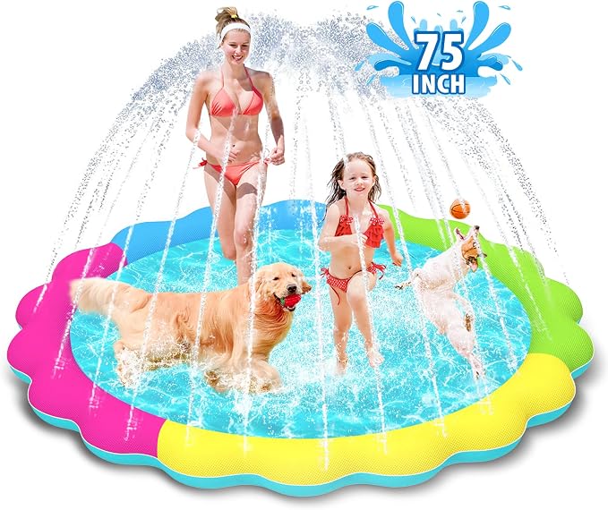 Raxurt Splash Pad, 75in Anti-Slip Splash Pad for Kids Dogs Thickened Durable Bath Pool Pet Summer Outdoor WaterToys Backyard Fountain Play Mat, Colorful