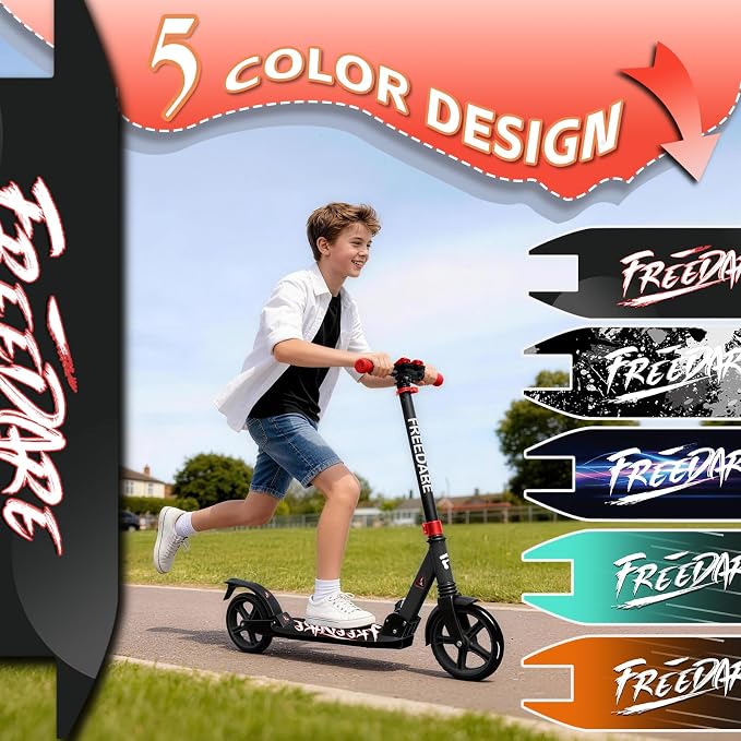 FREEDARE Kick Scooter for Kids & Adults Ages 8+, Foldable Teen Scooter with 2 Big 8-inch Wheels and 4-Level Adjustable Handlebar, Max Load 220 LBS