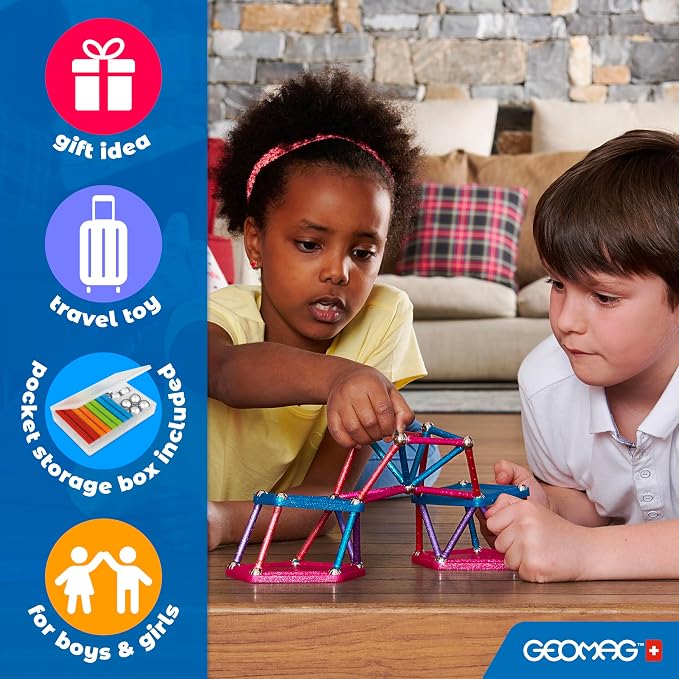 Geomag Classic Glitter 142-pc Magnetic Construction Set for Kids Ages 3 and Up | Swiss-Made STEM Educational Toy Made from 100% Recycled Plastic | Screen-Free Activity