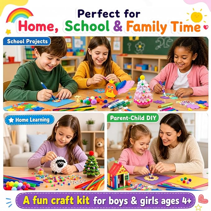 FUNZBO 1200pcs+ Craft Kits with Pipe Cleaners, Pom Poms for Crafts, Popsicle Sticks for Craft, Arts & Crafts Supplies for Kids Ages 4-8 Girls & Boys Birathday Gifts