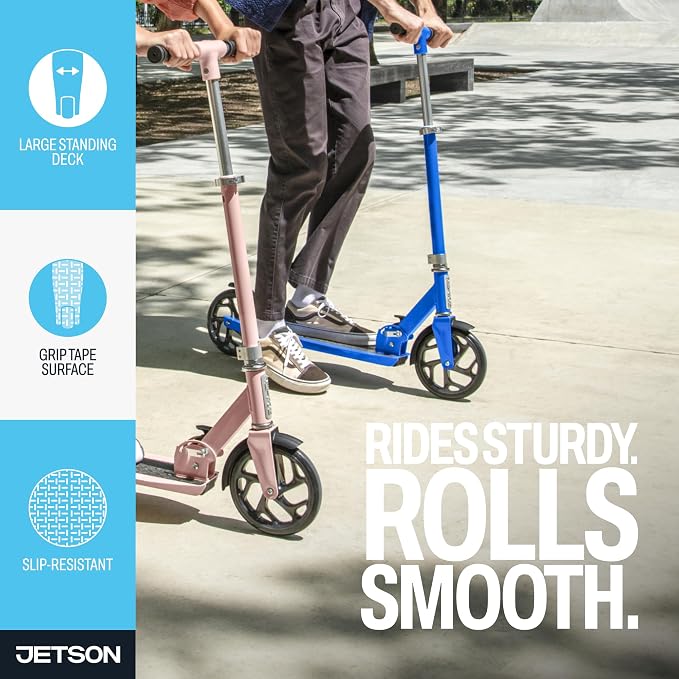 Jetson Jupiter Jumbo 2-Wheel Kick Scooter, Sturdy Wide Deck, Height Adjustable Handlebar, Rear Brake, Easy-Folding Mechanism, 8 inch wheels