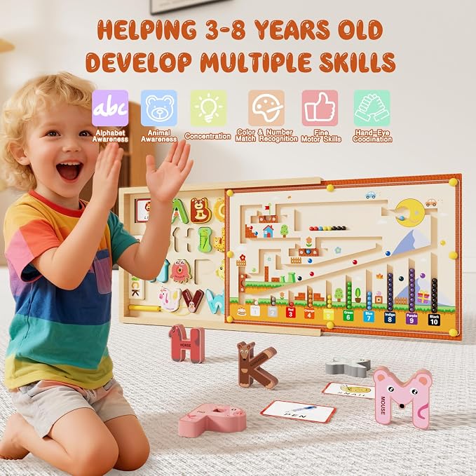 4-in-1 Magnetic Color and Number Maze, ABC Animal Alphabet Puzzles with Drawing Board, Wooden Montessori Toy Storage Box for 3-5 Year Old, Toddler Educational Learning Toy for Kids Boys Girls