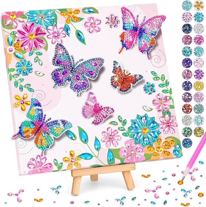 LCOZX 3D Fluttering Butterfly Diamond Art Kit for Kids Ages 8-12–Sparkling Gem Painting with Wooden Stand, Easy Arts & Crafts for Girls & Boys, Unique Birthday Gift & Bedroom Decor