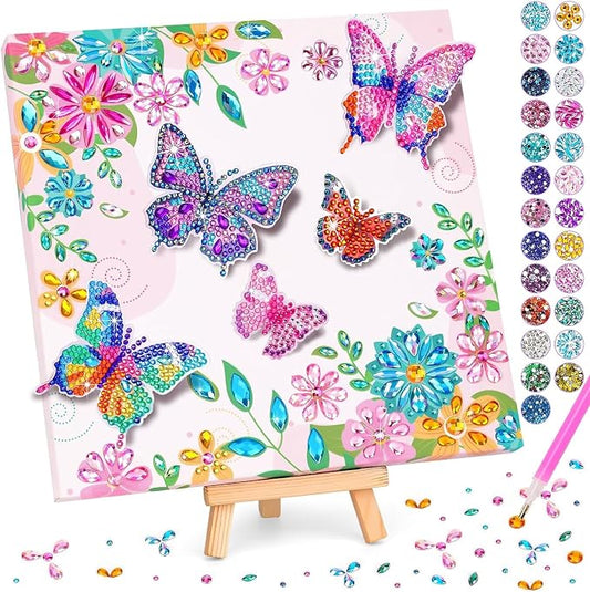 LCOZX 3D Fluttering Butterfly Diamond Art Kit for Kids Ages 8-12–Sparkling Gem Painting with Wooden Stand, Easy Arts & Crafts for Girls & Boys, Unique Birthday Gift & Bedroom Decor