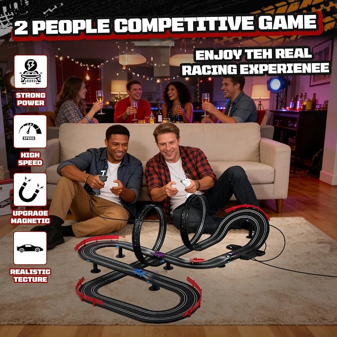3 IN 1 Slot Car Race Track Set 1:87 with 4 High Speed Vintage Pickup Trucks, Electric Battery Dual Race, 2 Controllers, Lap Counter, Overpass, Loop Crossover, Toys Gifts for Kids Teens Adults All Ages