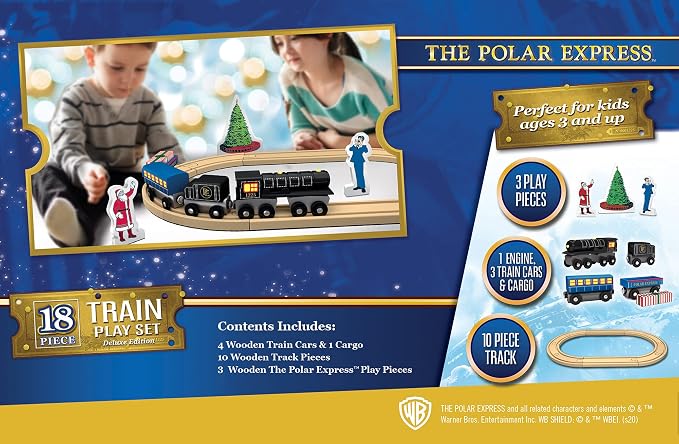 MasterPieces Polar Express Train Set, Wooden 18 Piece Deluxe Edition with Magnetic Cars and Track, Official Holiday Play Collection, Compatible with 1 Inch Train Systems, Polar Express Toys for Kids