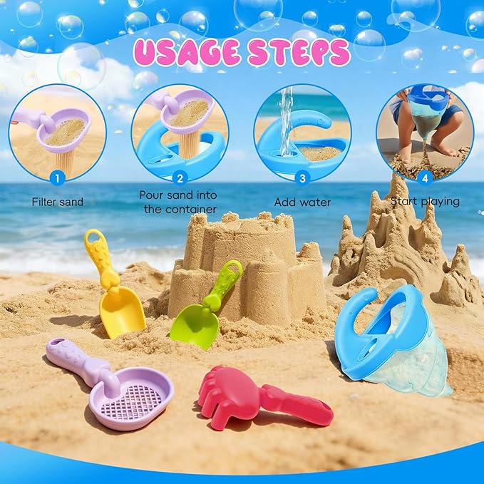 YUTONG Beach Toys for Kids, 5Pcs Sand Spilling Funnel,Set with Shovel Rake Siftersand Spoon,Outdoor Sandbox Toys for Toddlers Age 3+, Pool, Backyard and Summer Beach Activitie