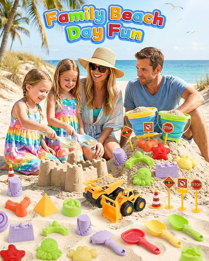 30PCS Beach Toys for Kids Ages 3-10, All-in-One Sand Toys Set with 2 Collapsible Buckets, Shovels, Trucks & Molds, Keep Kids Busy for Hours - Easy to Carry for Beach Travel Sandbox Play