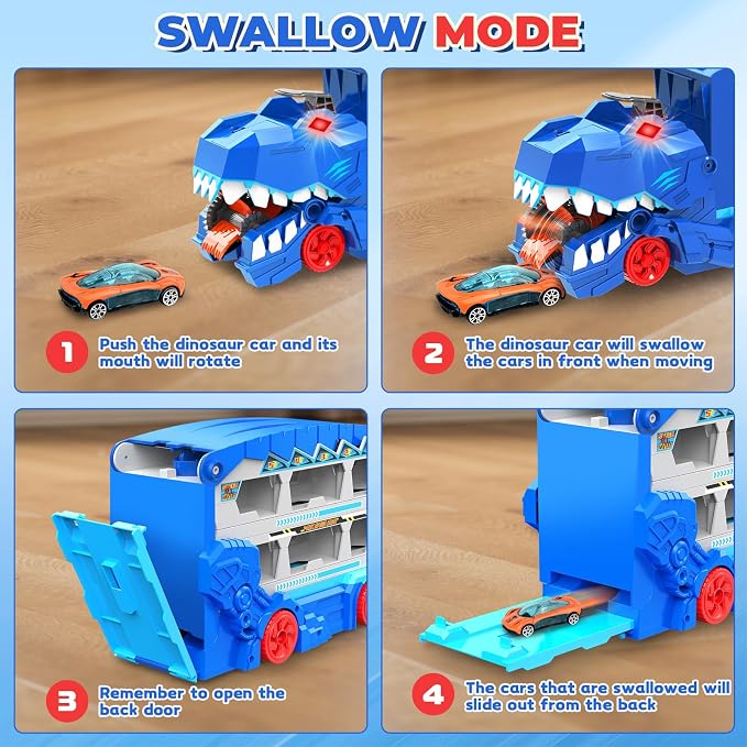 Dinosaur Transport Car Race Track Toy Set for Kids - Monster Carrier Truck Toys for Age 3 4 5 6 7 8 9 10 11 12 Years Old Boy Christmas Birthday Gifts with Die-Cast Metal Toy Cars, Light & Sound