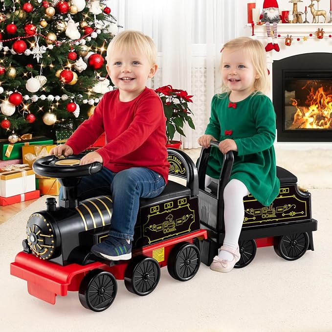 OLAKIDS 6V 2-Seater Ride on Train with Carriage, Storage, Train Whistle, Music, Lights for 18 Months+ (2 Seaters, Retro)