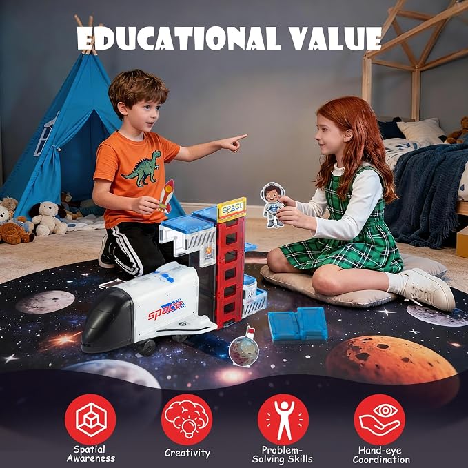 VROGTIK Magnetic Tiles 30 PCS Space STEM Building Blocks Set, Rocket Ship & Space Station Magnetic Construction Toy with Astronaut Figure, Educational Toy for Kids Ages 3-8
