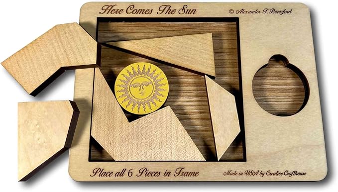 Creative Crafthouse Here Comes The Sun Very Hard 6 Piece Packing Puzzle | Named for the 499 seconds light takes to reach Earth. An Alex Beresford wood design and gift for serious solvers, made in USA